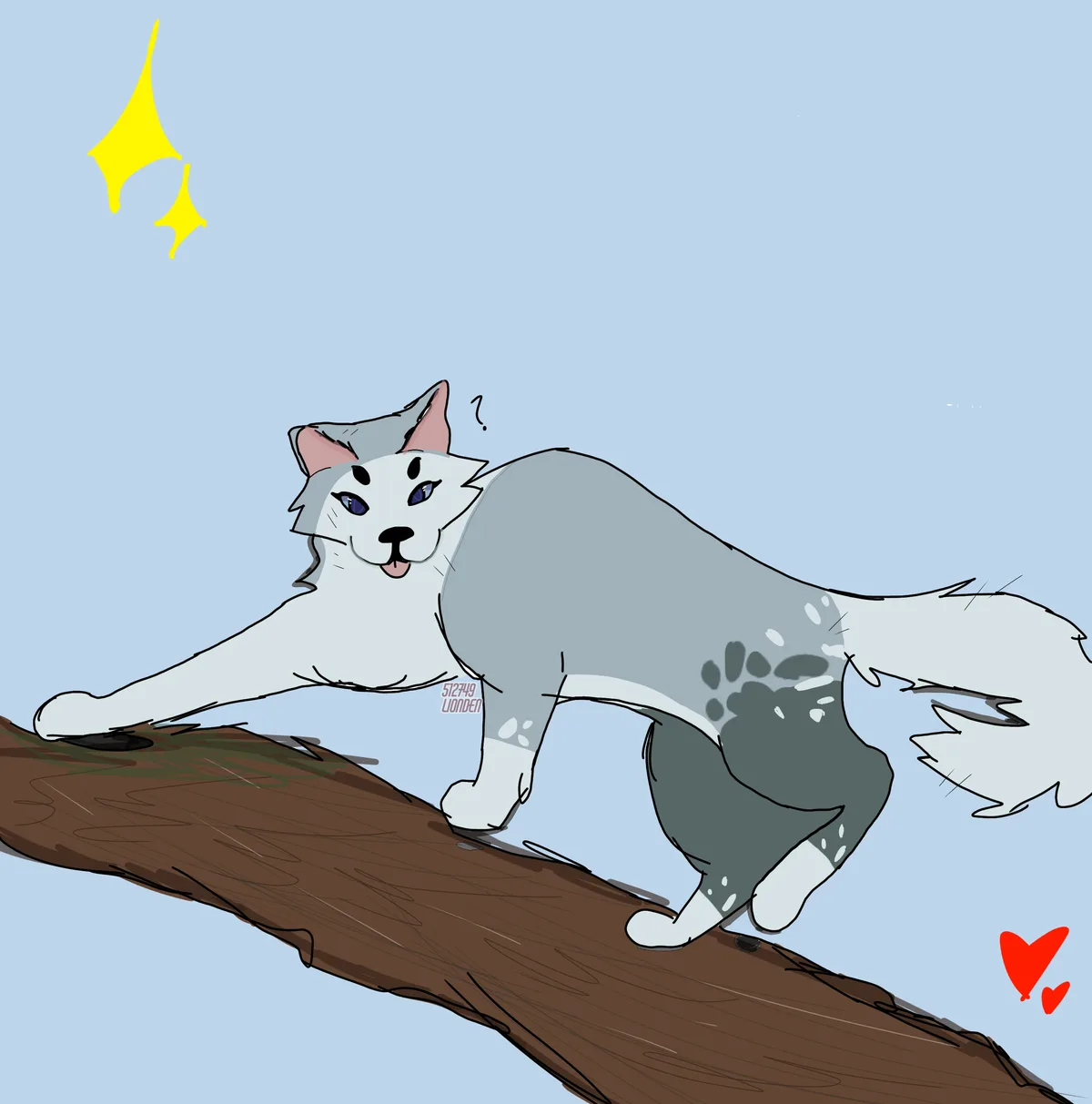 A cartoon husky-like dog with blue eyes and grey-and-white fur is stretching on a tree branch against a light blue sky…