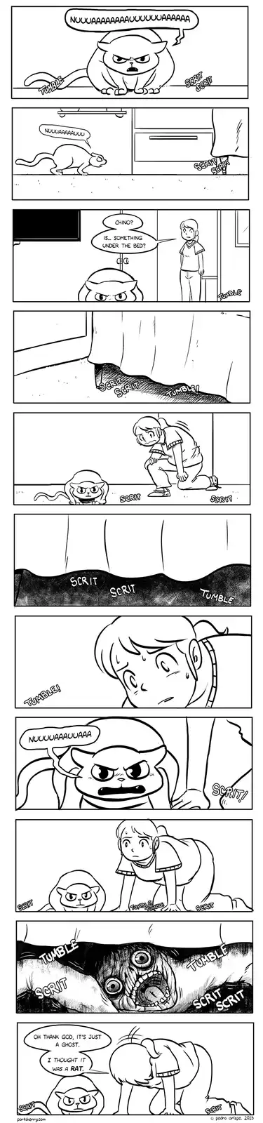 A black-and-white comic strip shows a cat named Chino, initially angry and meowing loudly, then hiding under a bed as a…