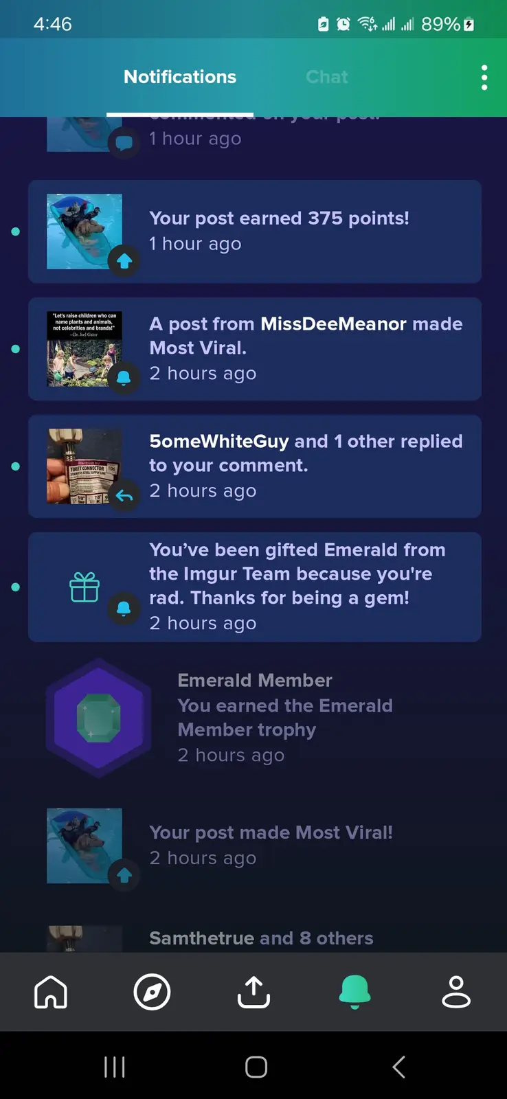 A screenshot of an Imgur notifications page showing multiple positive user achievements, including earning 375 points, a…