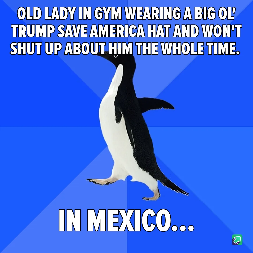 A penguin stands against a blue background with bold white text describing an old lady in a gym wearing a Trump 'Save…