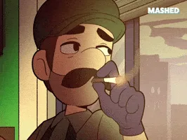 A cartoon man with a mustache and cap is shown in six panels lighting and smoking a cigarette, his expression shifting from…