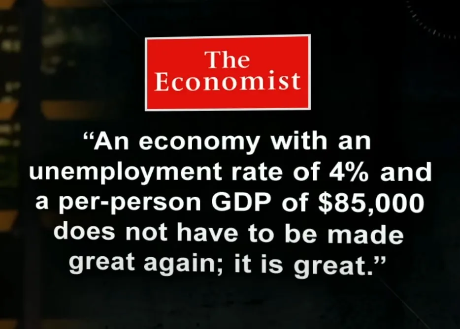 The image displays a red rectangular logo for 'The Economist' at the top, with a large white text quote below it stating…