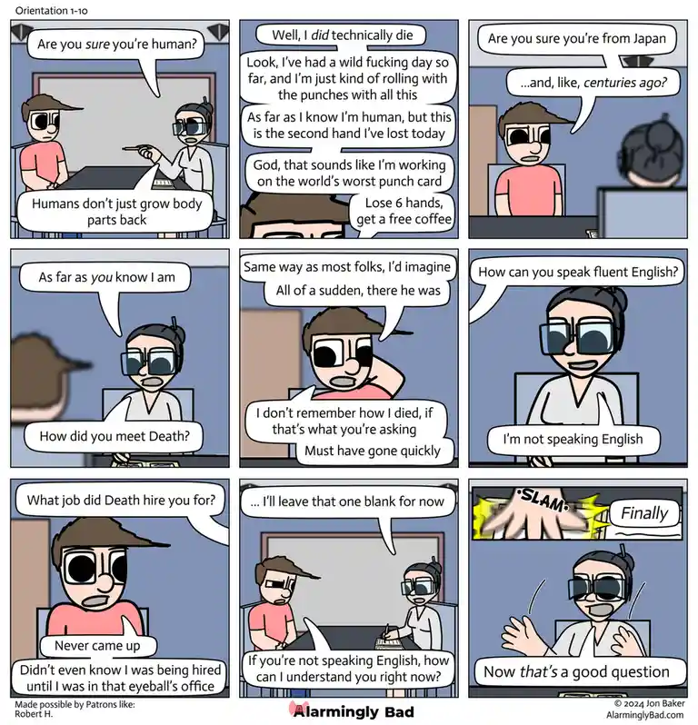 A comic strip depicts a surreal orientation interview where a candidate, who has died and lost limbs, is questioned about…