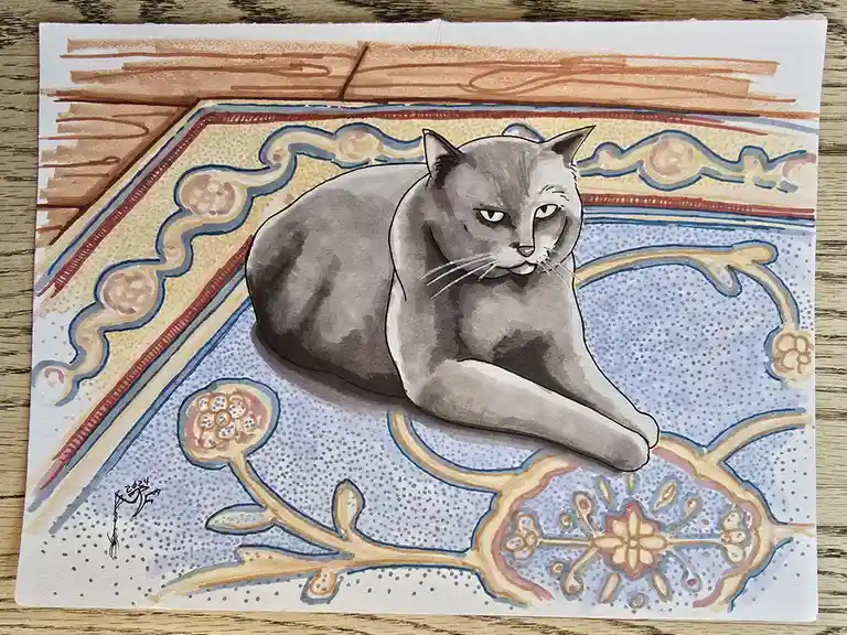 A watercolor painting depicts a gray cat lounging on an ornate, patterned rug with floral and geometric designs in blue…