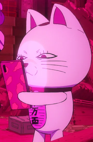 A pink cartoon cat with a smug expression holds a pink phone with a leopard print case, looking down at it. The cat has a…