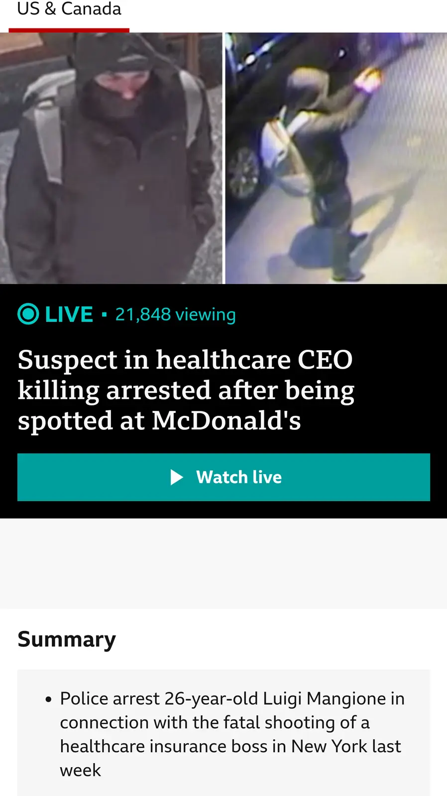 The image shows a news article screenshot with two surveillance photos of a person wearing a dark hooded jacket and carrying…