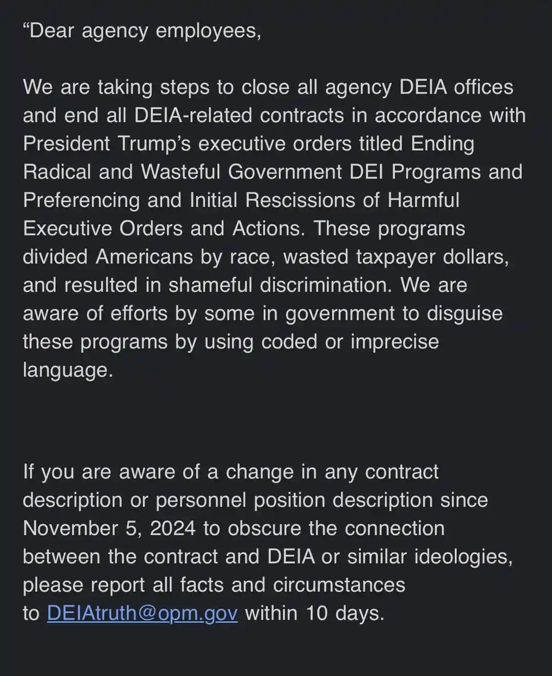 The image displays a formal-looking government notice on a dark background with white text, addressed to agency employees…