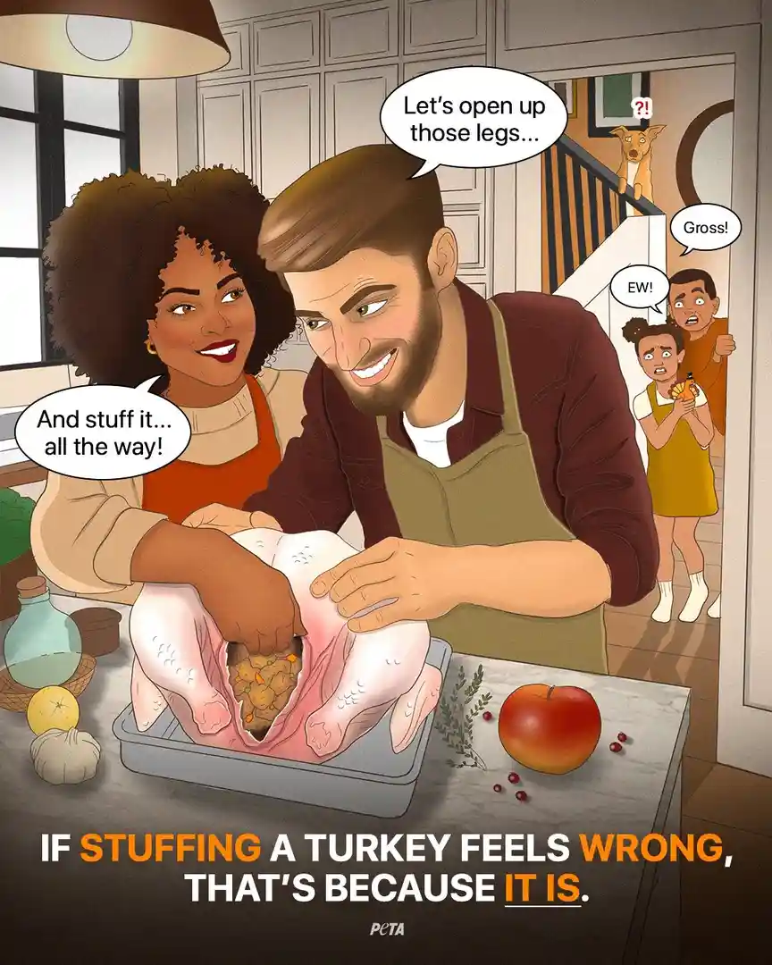 A cartoon depicts a man and woman stuffing a raw turkey on a kitchen counter. The man says, 'Let's open up those legs...'…