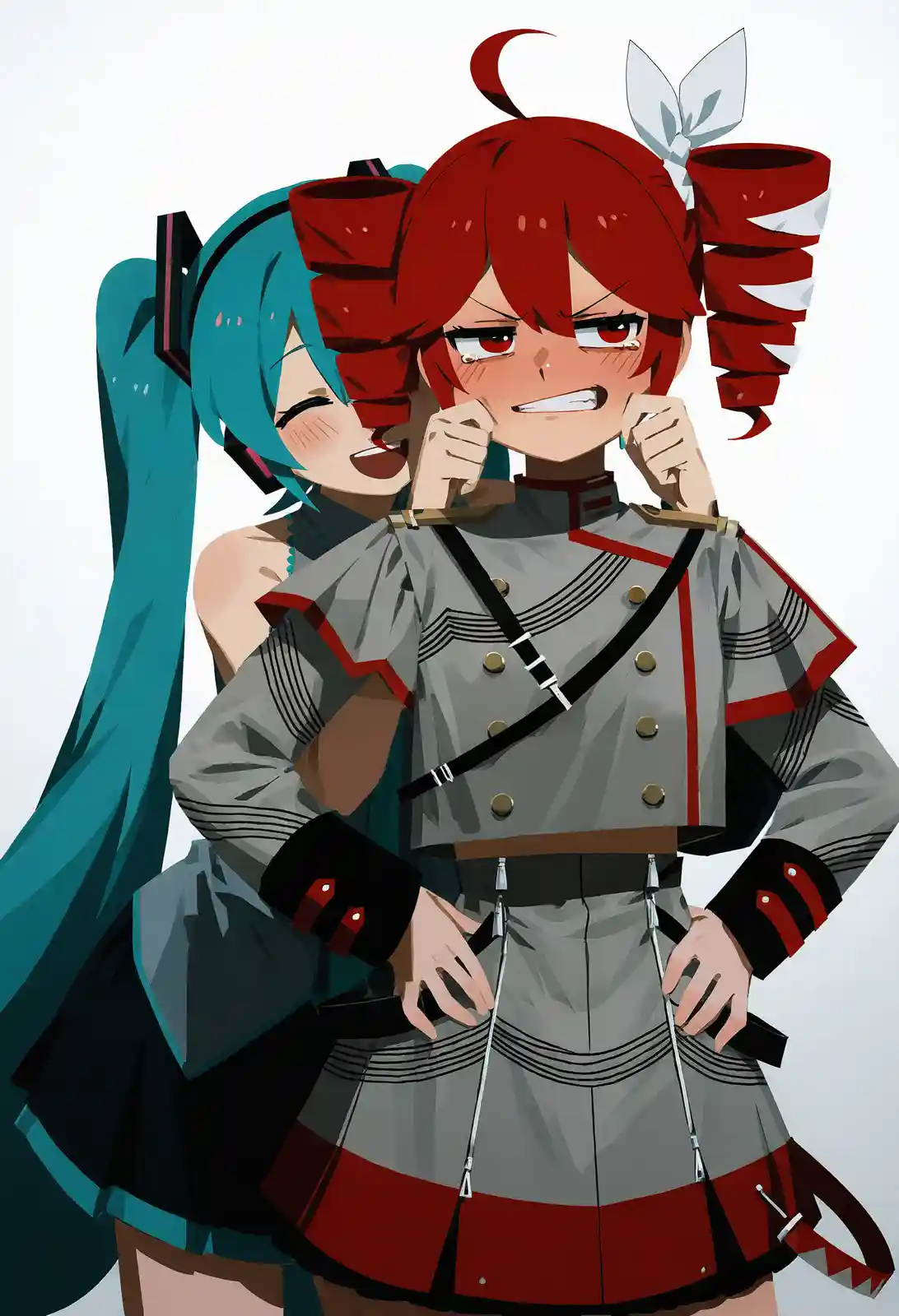 Two anime-style female characters are depicted; one with red hair and a grey military-style uniform looks angry and…