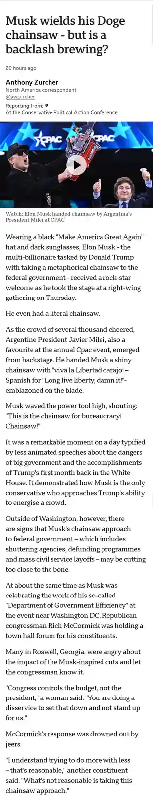 A screenshot of a news article shows Elon Musk holding up a chainsaw on stage at CPAC, with Argentina's President Milei in…
