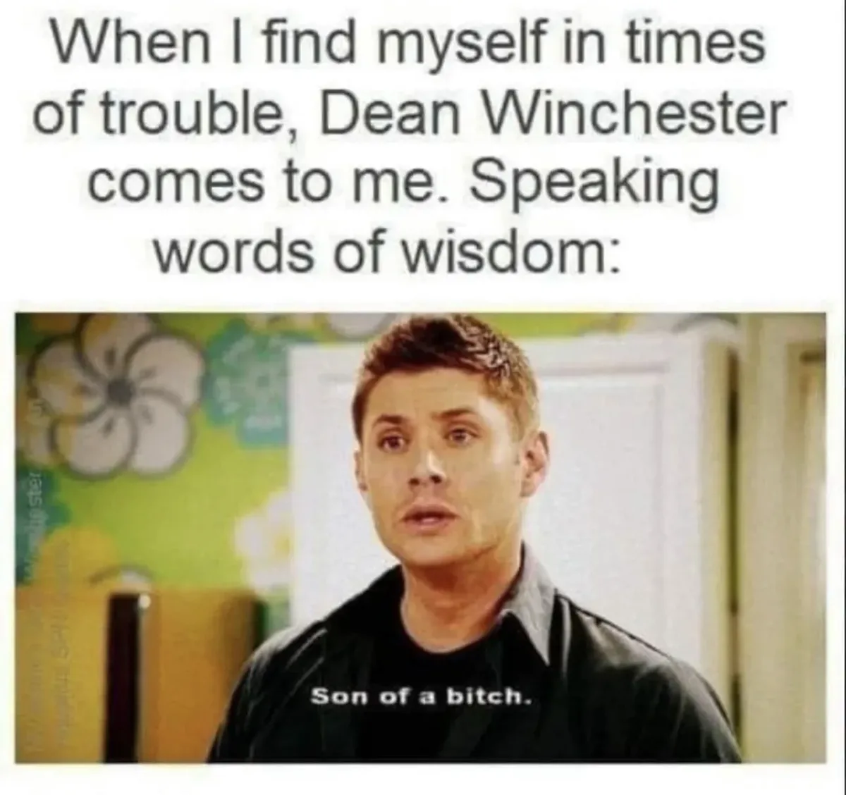 The image shows actor Jensen Ackles as Dean Winchester from 'Supernatural,' looking surprised or exasperated. The text above…
