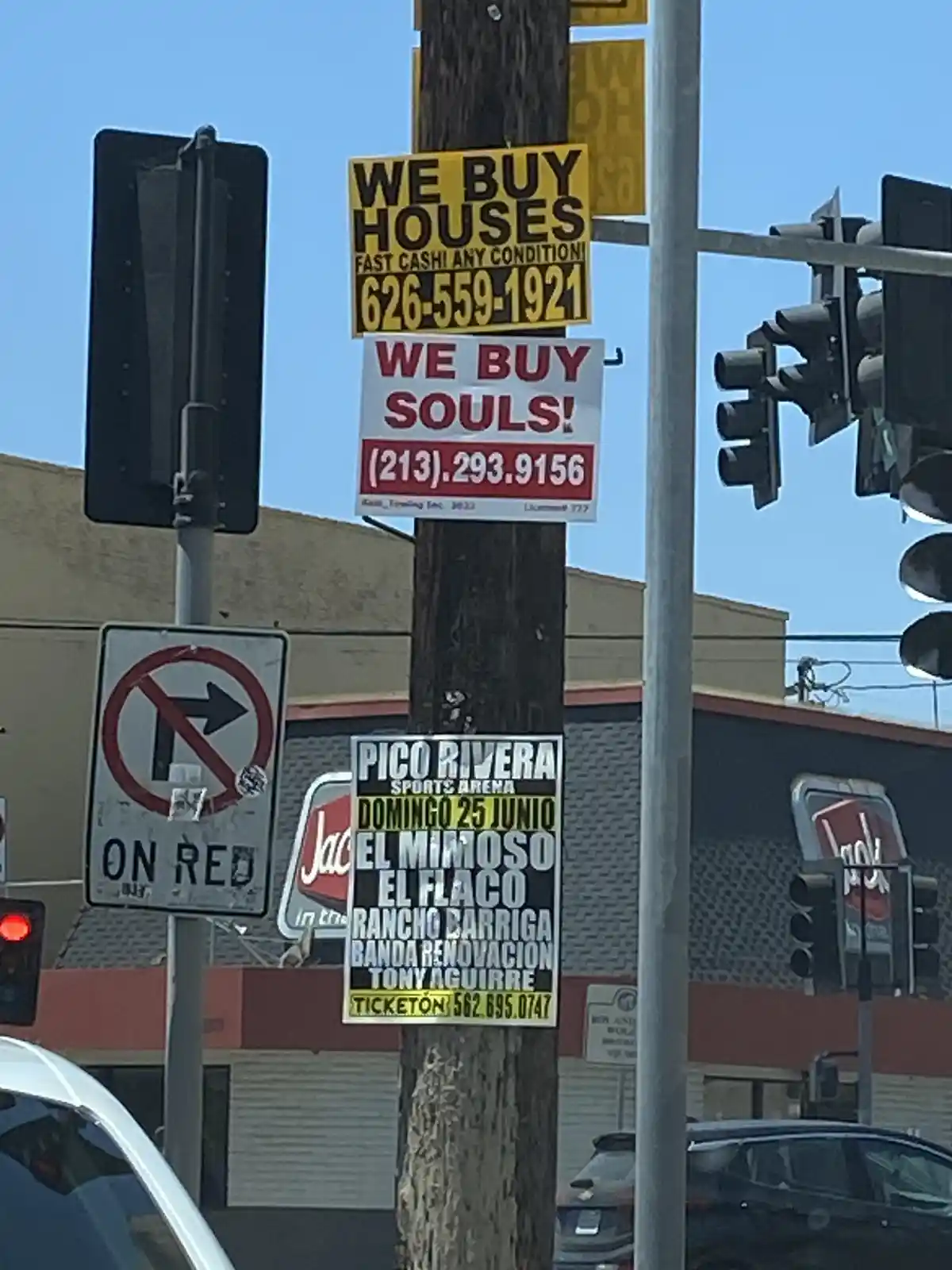 A street pole displays three signs: a yellow 'WE BUY HOUSES' sign with a phone number, a red and white 'WE BUY SOULS!' sign…