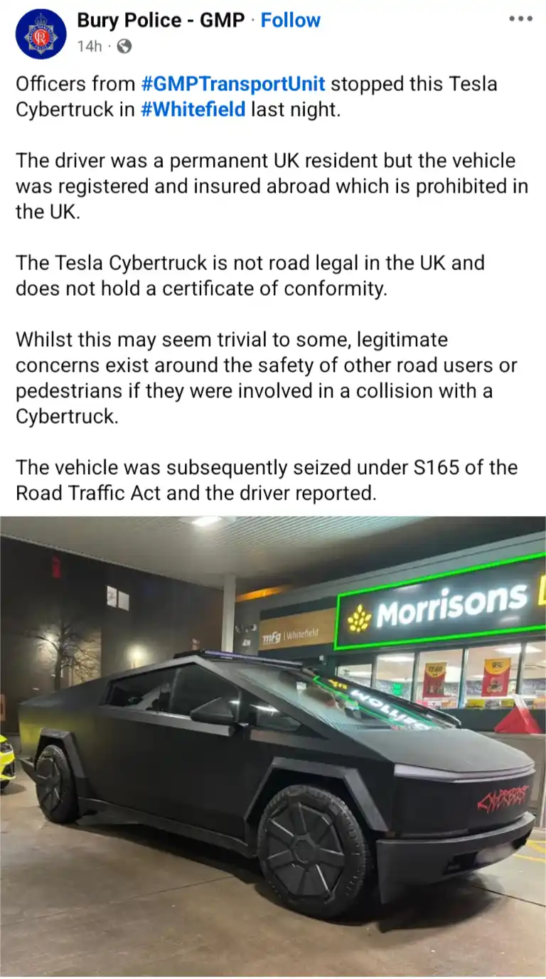 A black Tesla Cybertruck is parked at night in front of a Morrisons supermarket, with police text above explaining it was…
