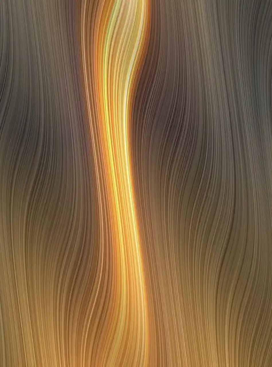 The image shows a vertical abstract pattern of wavy, streaked lines in shades of brown, gold, and orange, resembling flowing…