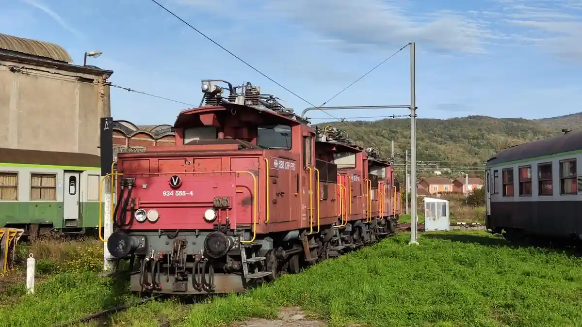 A red Swiss electric locomotive, numbered 934 555-4 and marked with SBB CFF FFS, sits on a grassy railway track with other…