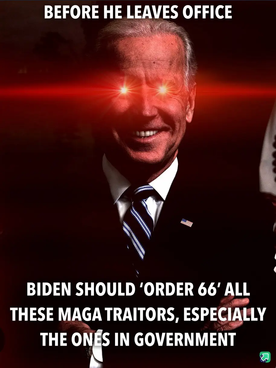 A photo of Joe Biden smiling, with glowing red eyes and a red light effect across his face, overlaid with white text stating…