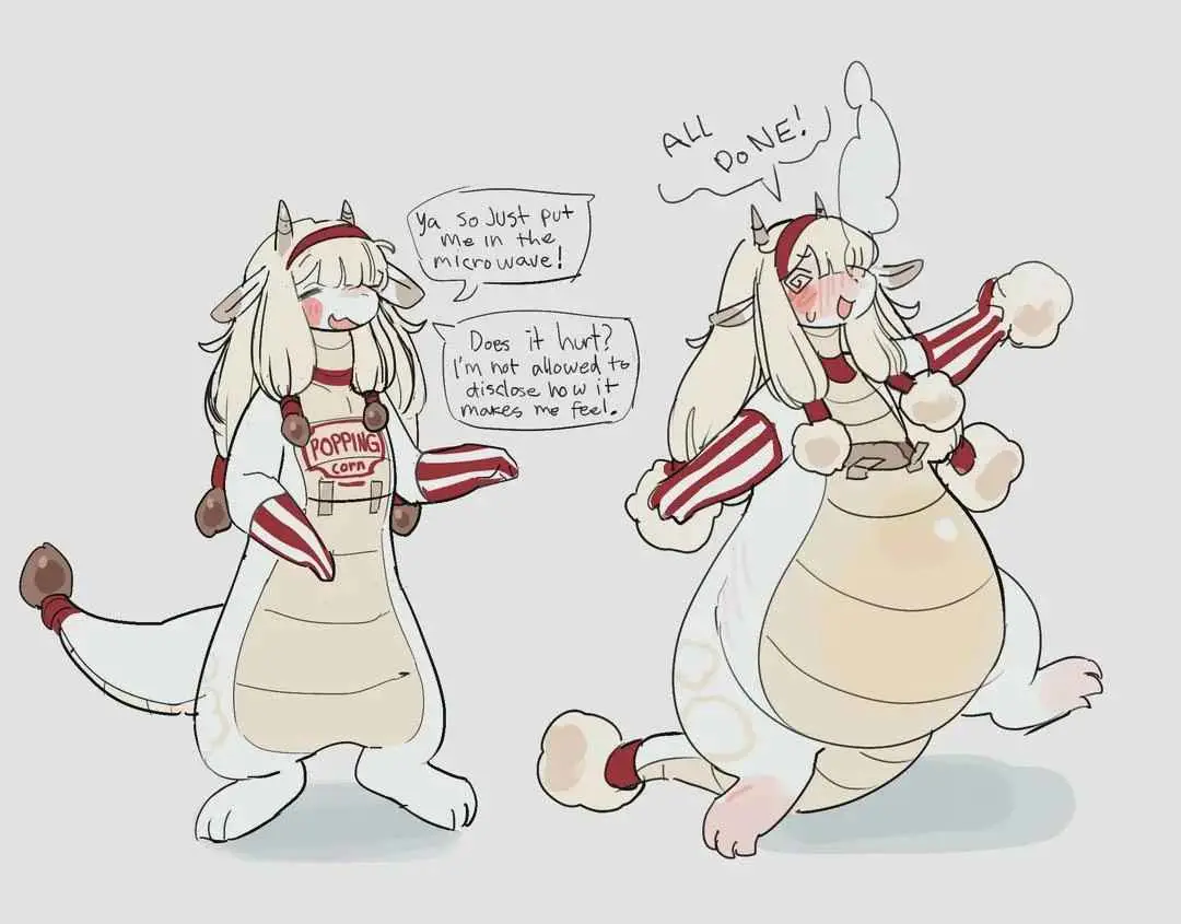 Two anthropomorphic popcorn-themed characters are shown. The one on the left, wearing a 'POPPING corn' apron, asks to be…