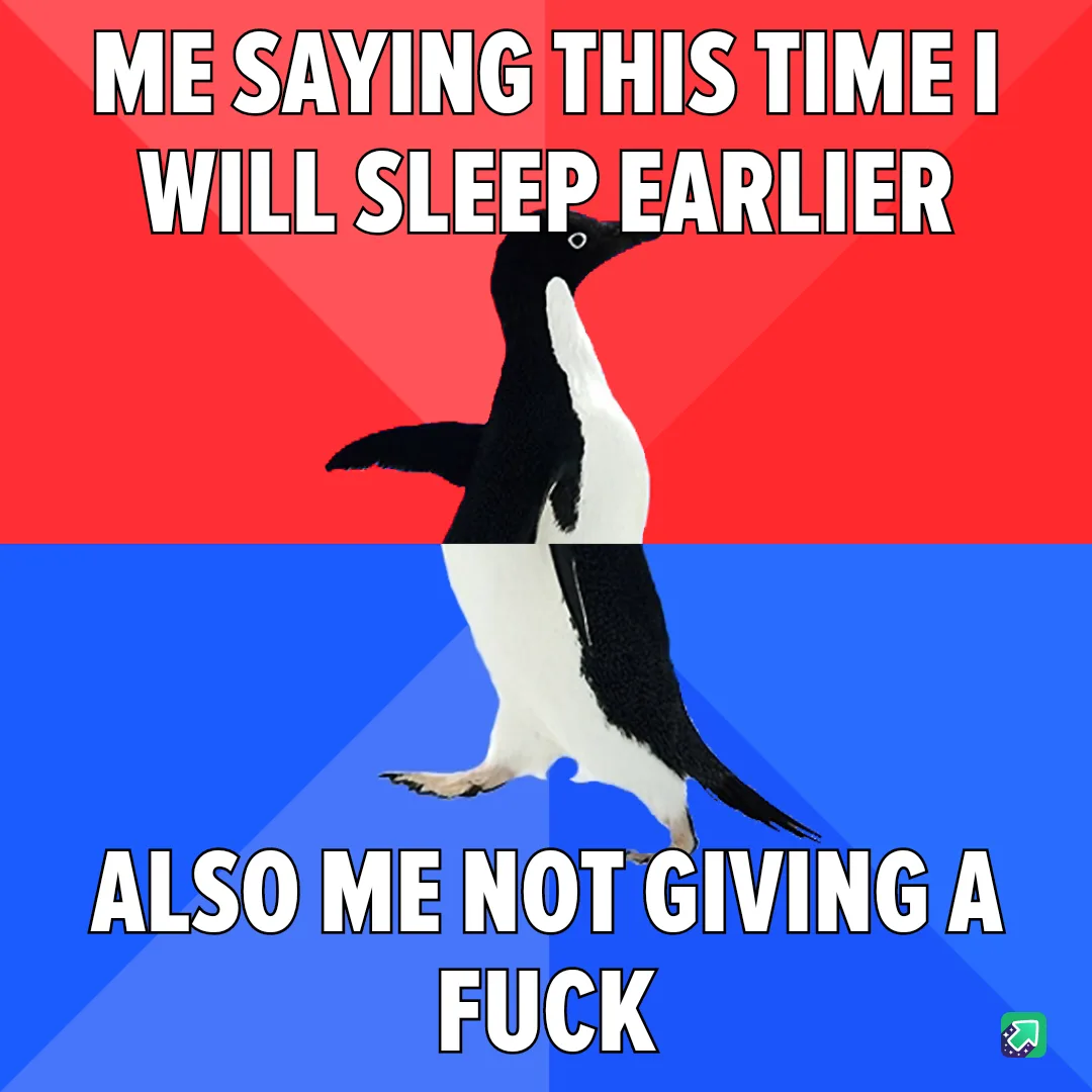 A penguin stands centered against a red and blue background, split horizontally. The top half has white text reading 'ME…