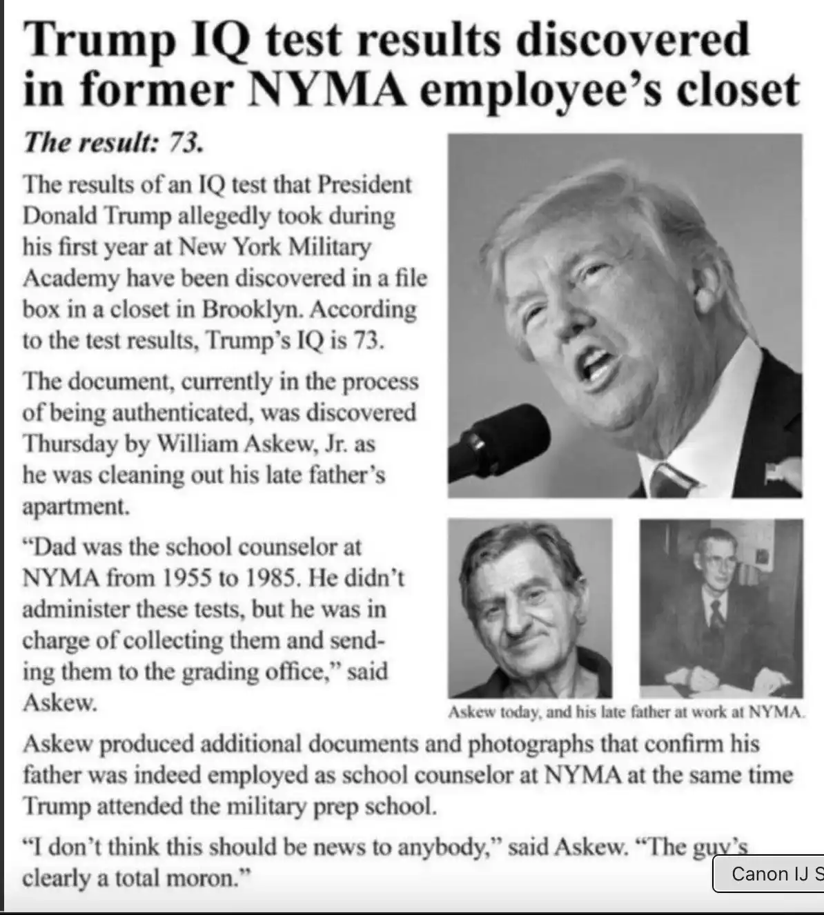 The image is a fake newspaper article with a headline claiming 'Trump IQ test results discovered in former NYMA employee's…