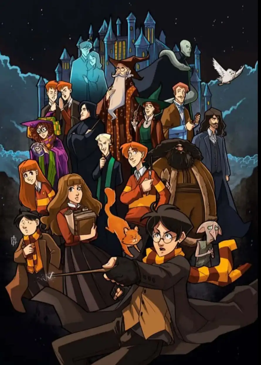 A colorful illustration depicts numerous characters from the Harry Potter universe, including Harry Potter, Hermione…