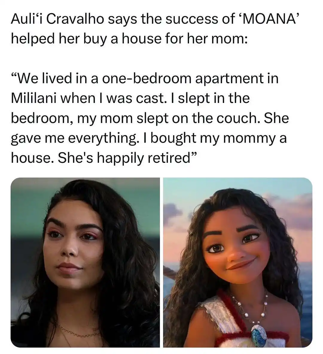 The image displays two side-by-side portraits: a real photo of actress Auli'i Cravalho on the left and her animated…