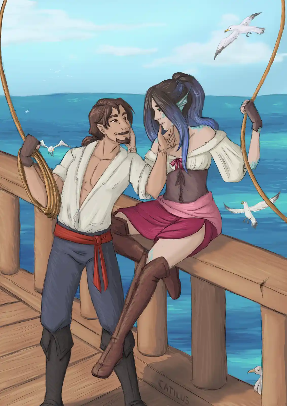 Two anime-style characters, a man and a woman, are standing on a wooden ship deck with the ocean and seagulls in the…