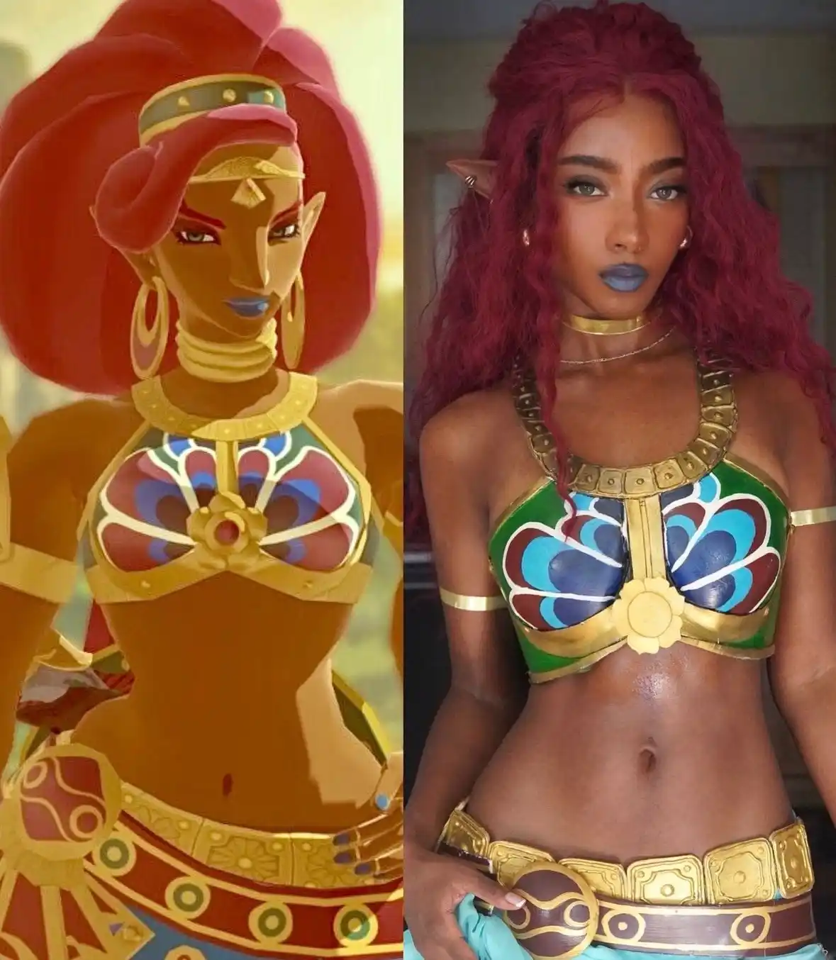 The image displays a side-by-side comparison: on the left, a stylized animated depiction of a character with red hair…