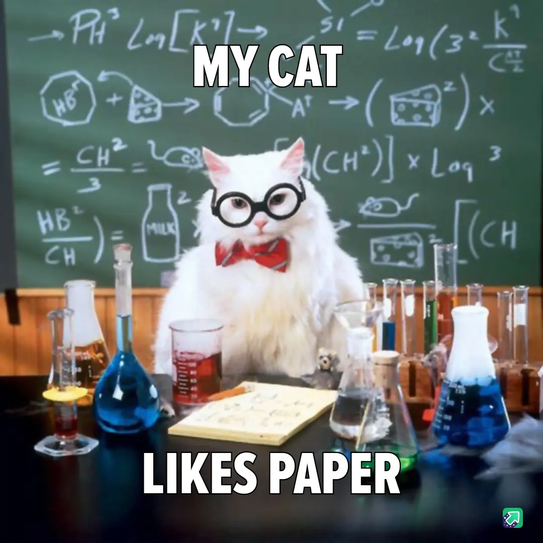A fluffy white cat wearing oversized black-rimmed glasses and a red bowtie sits at a cluttered chemistry lab desk surrounded…