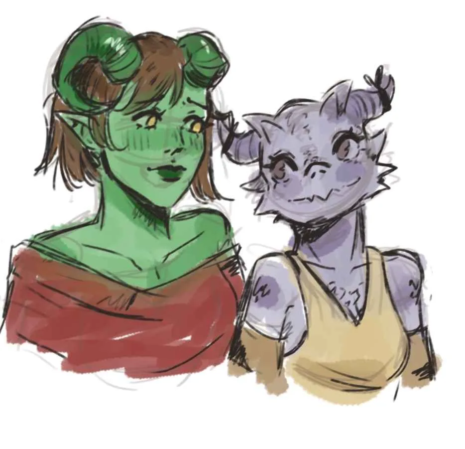 A sketch-style drawing shows two fantasy characters: a green-skinned woman with brown hair and green horns wearing a red…