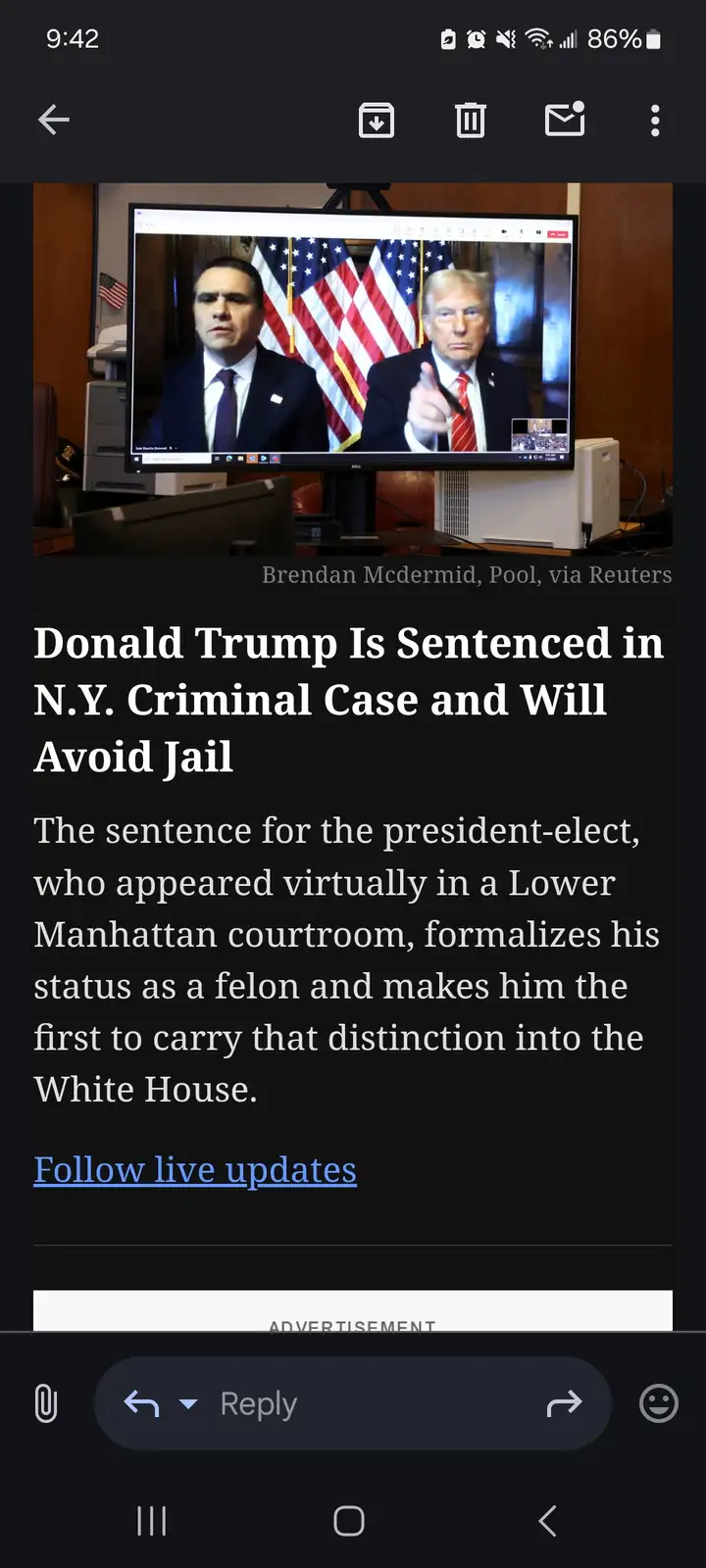 A screenshot of a news article headline about Donald Trump being sentenced in a New York criminal case and avoiding jail…