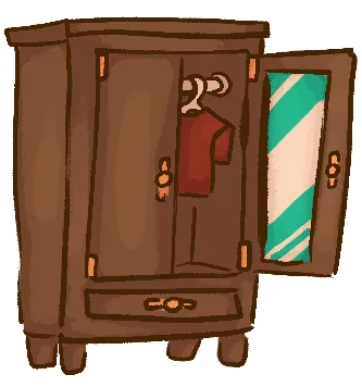 A cartoon-style brown wooden wardrobe with one door open, revealing a red shirt hanging on a hanger inside. The other door…
