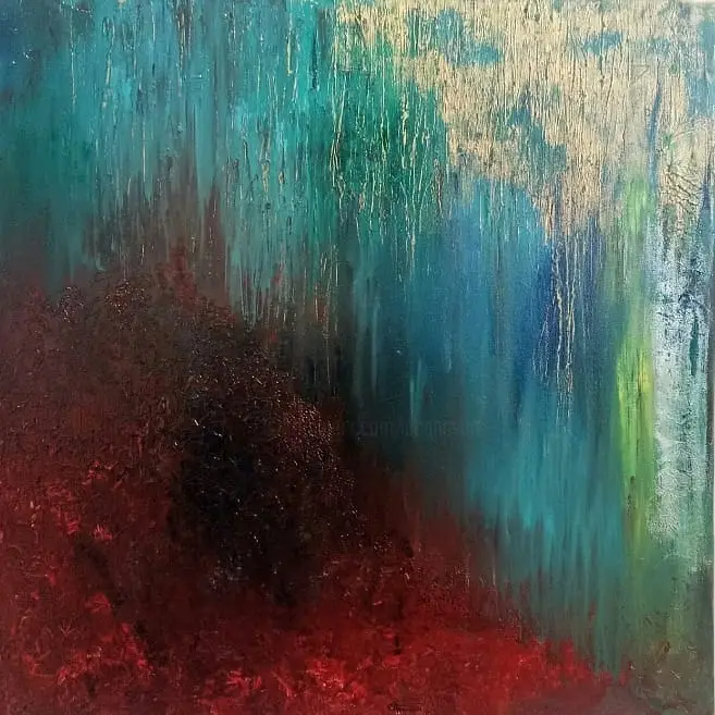 An abstract painting with a dark red, textured lower half and a teal-to-blue gradient upper half with vertical brushstrokes…