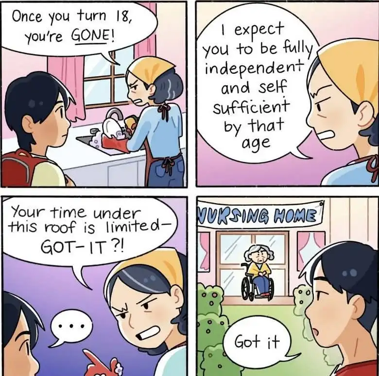 A four-panel comic shows a mother angrily telling her teenage son he's 'GONE' at 18, expects him to be independent, and…