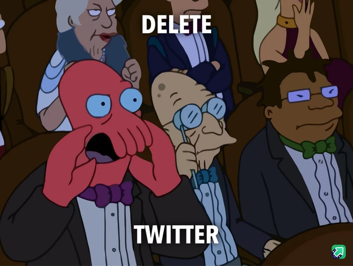 An image from the animated show Futurama shows a red octopus character in a tuxedo with a shocked expression, hands over…