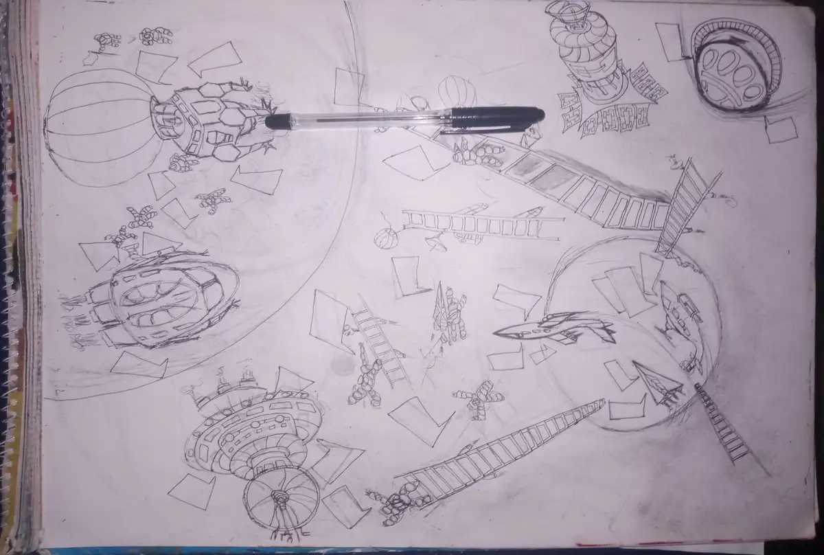 A sketchbook page filled with pencil drawings of various sci-fi spaceships, space stations, and futuristic vehicles, with a…