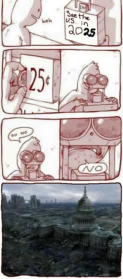 A comic strip shows a character with binoculars looking at a sign reading 'See the US in 2025', then zooming in to see '25¢'…