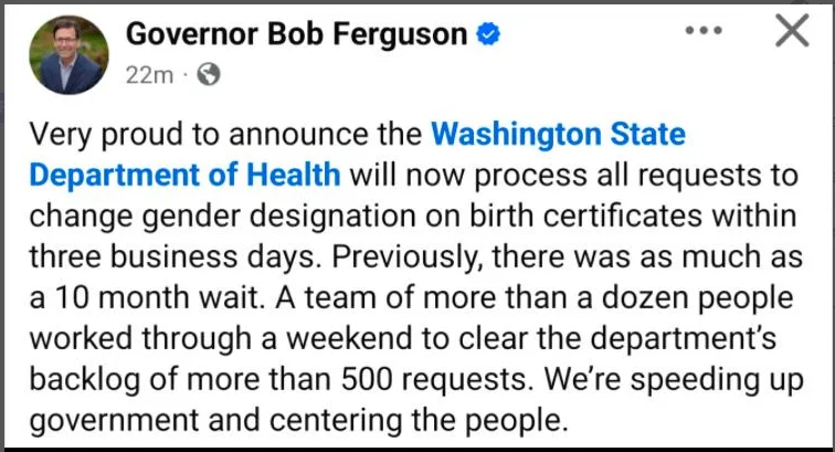 A screenshot of a social media post by Governor Bob Ferguson announcing that the Washington State Department of Health will…