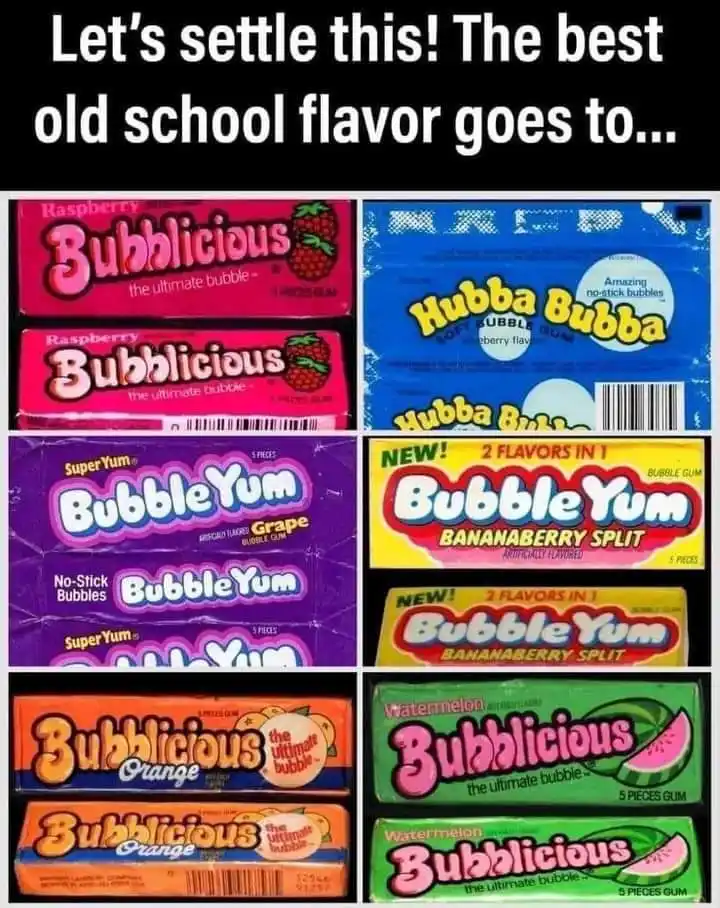 A collage of six different retro bubble gum packages arranged in a 3x2 grid, featuring brands like Bubblicious (Raspberry…