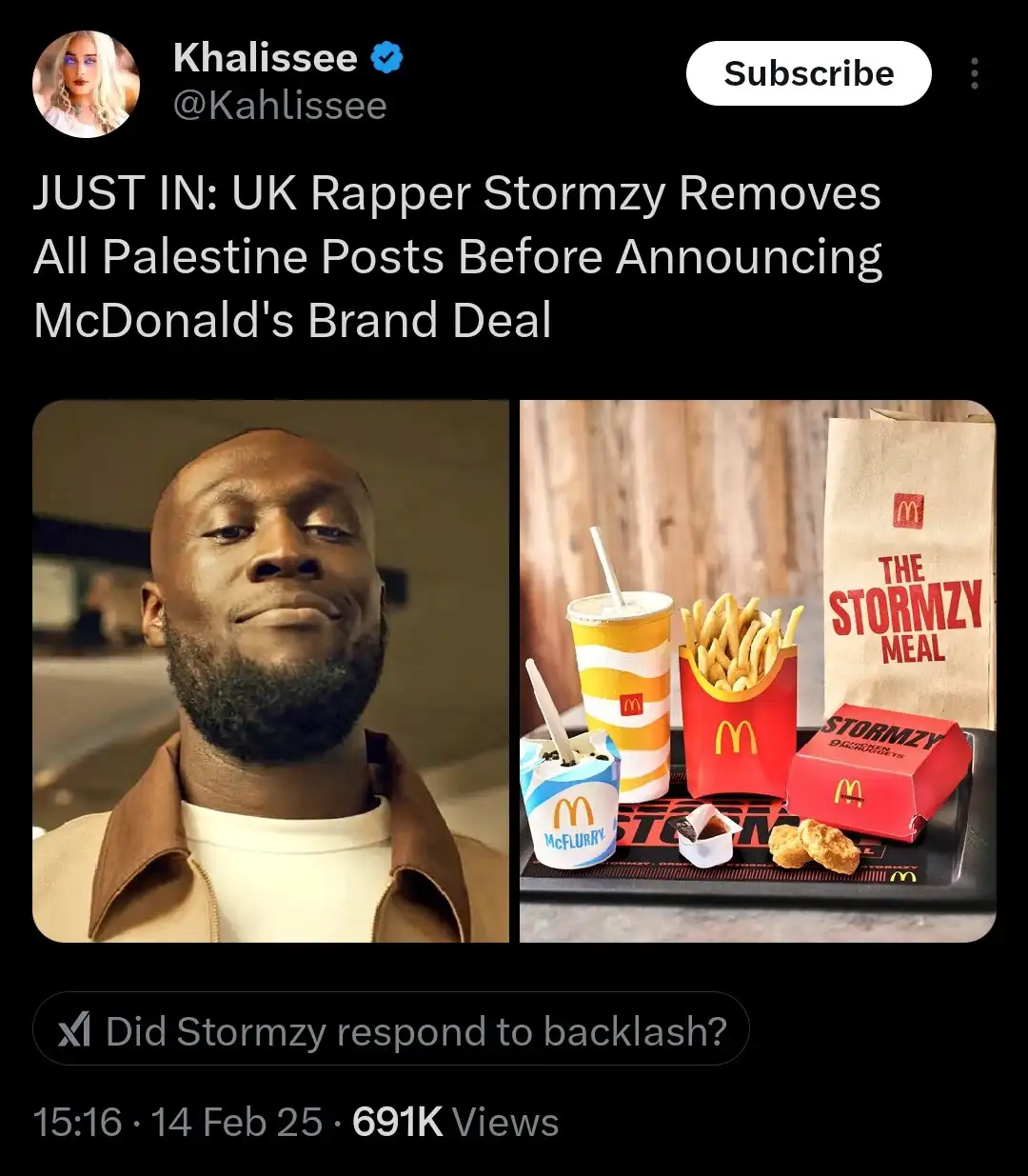 The image displays a split-screen: on the left, a photo of UK rapper Stormzy with a subtle smirk, and on the right, a…