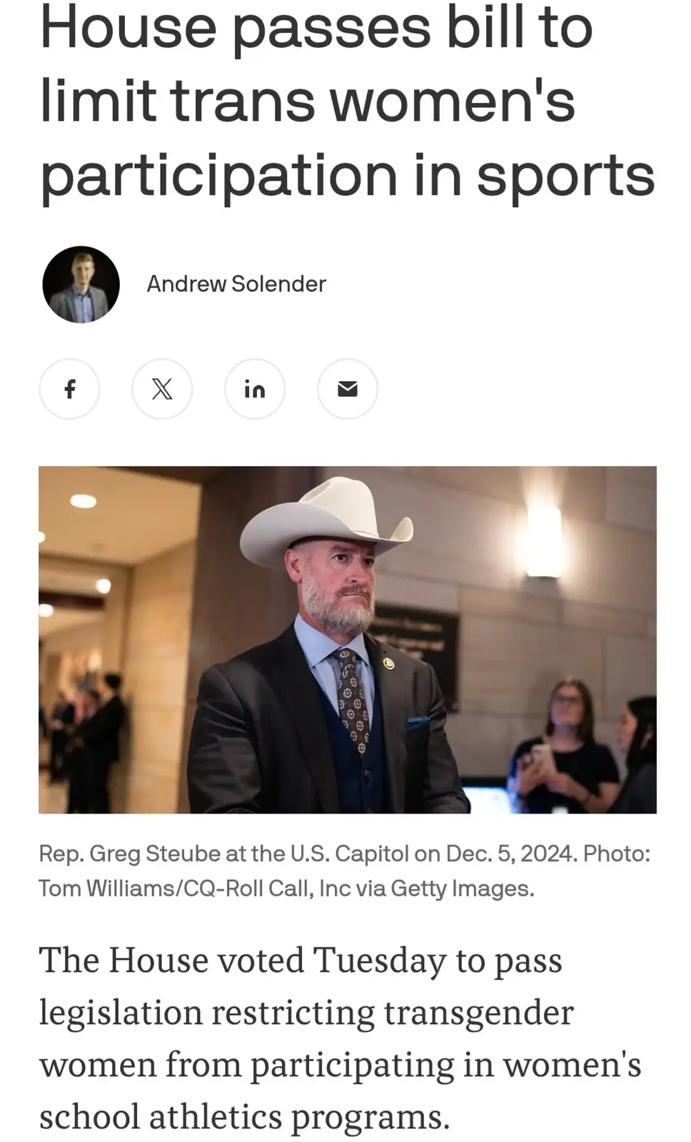 A screenshot of a news article shows a photo of Rep. Greg Steube wearing a white cowboy hat, suit, and tie, looking serious…