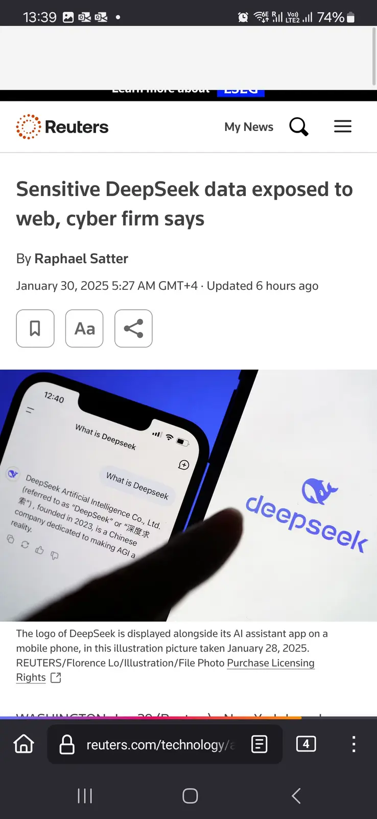 A screenshot of a Reuters news article from January 30, 2025, with the headline 'Sensitive DeepSeek data exposed to web…