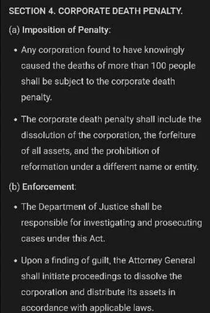 The image displays a black background with white text mimicking a legal statute titled 'SECTION 4. CORPORATE DEATH PENALTY.'…