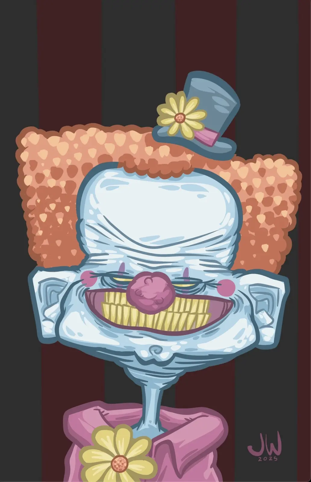 A cartoonish, stylized illustration of a margarita glass with a salt-rimmed rim, a lime wedge, and a maraschino cherry…