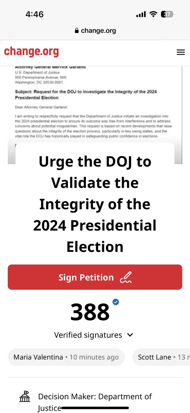 A screenshot of a change.org petition page requesting the Department of Justice to investigate the 2024 presidential…