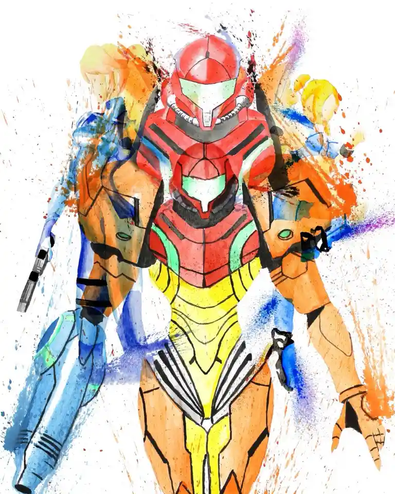 A watercolor-style illustration features Samus Aran in her iconic red and yellow Power Suit as the central figure, with two…