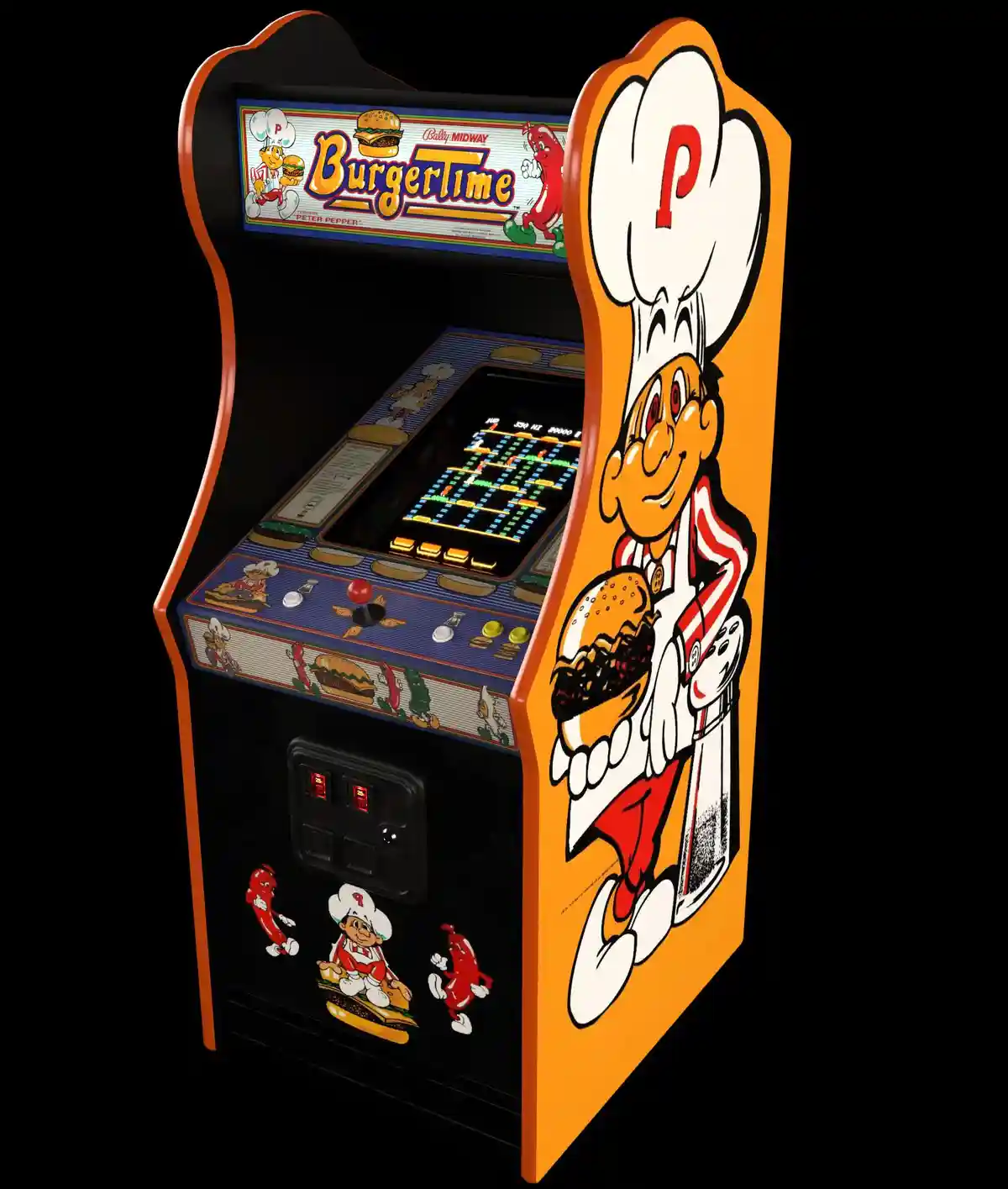 A vintage arcade cabinet for the game 'BurgerTime' by Bally Midway, featuring a large cartoon chef character named Peter…