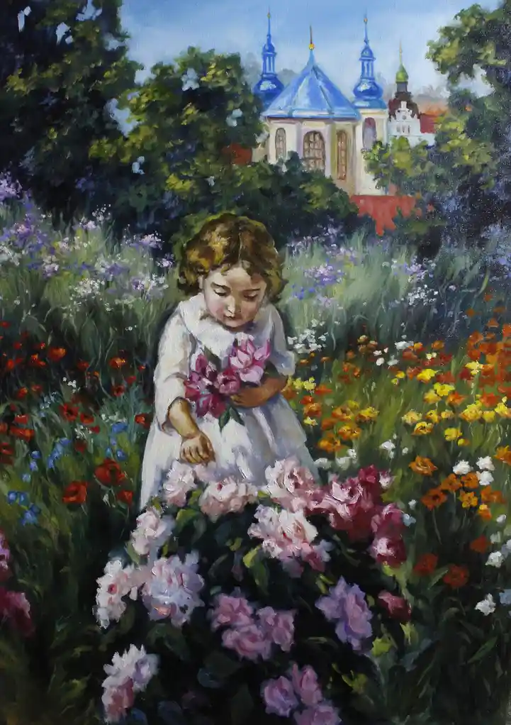 An oil painting depicts a young girl in a white dress standing in a vibrant field of colorful wildflowers, including red…