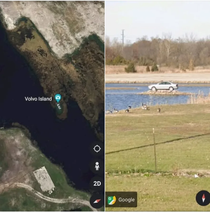 A split image shows a Google Earth satellite view of 'Volvo Island' with a pin, juxtaposed with a ground-level photo of a…
