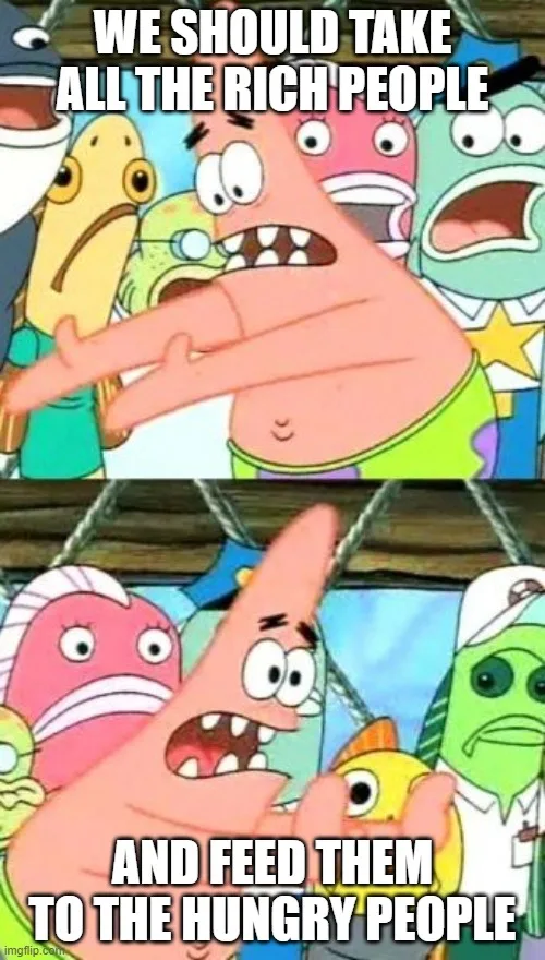 The image is a two-panel meme featuring the cartoon character Patrick Star from SpongeBob SquarePants. In the top panel…