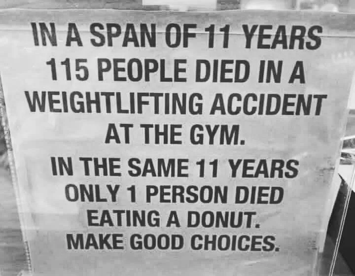 A black-and-white image shows a printed sign with bold, blocky text. The text states that 115 people died in a weightlifting…